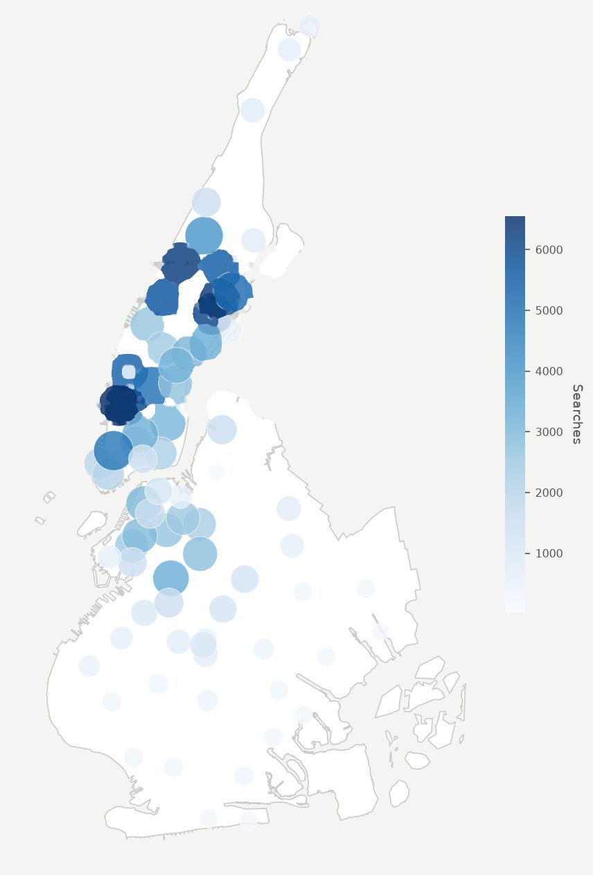 Map of saved-search density across Manhattan and Brooklyn, H1 2026. The densest areas are around Central Park and the Village, fading south into Brooklyn.